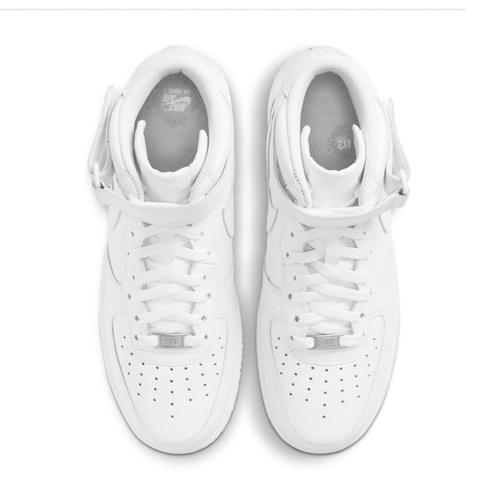 Nike Air Force 1 Mid '07 sneakers in white leather with perforated toe box and padded collars, top view.