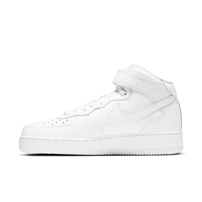 Nike Air Force 1 Mid '07 sneakers in white leather with perforated toe box, mid-top design, and ankle strap, side view.