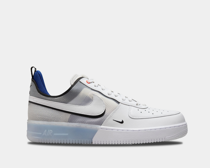 Nike Air Force 1 React sneakers in white with translucent overlays, blue heel tab, React midsole, and iconic Swoosh, side view.