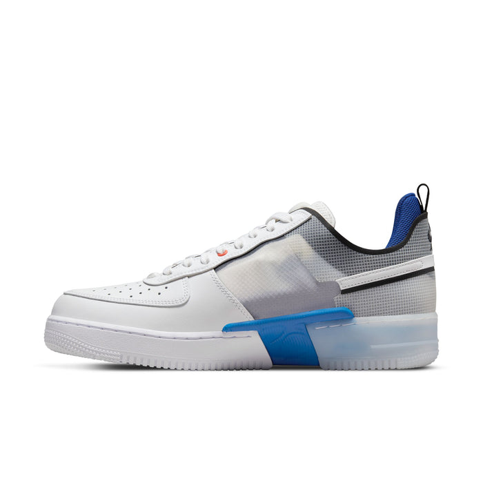 Nike Air Force 1 React sneakers in white with translucent panels, blue accents, and textured sole, side view.