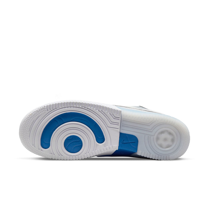 Nike Air Force 1 React shoes outsole with bold circular tread pattern and React cushioning details in white and blue rubber.