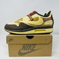 Nike Air Max 1 TS Cactus Jack Baroque Brown sneakers on box, extra brown laces, 2022.
