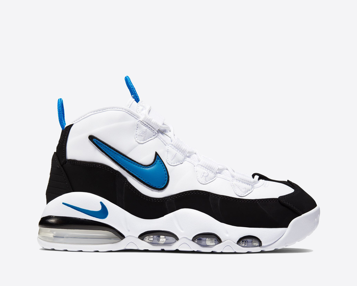 Nike Air Max Uptempo '95 basketball shoes in white, black, and blue with visible Air cushioning, side view.