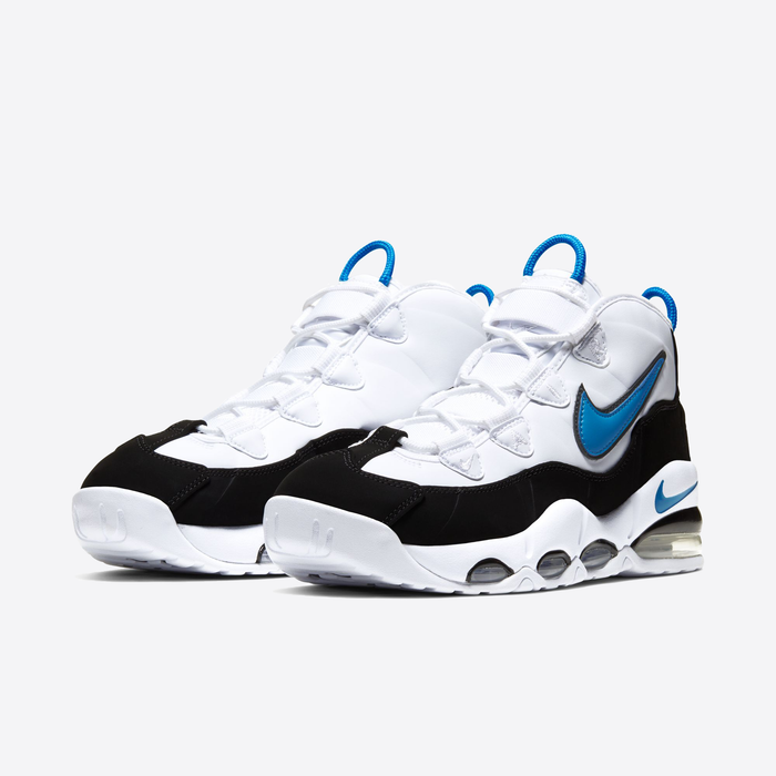 Nike Air Max Uptempo '95 sneakers in white and black with blue accents, visible Air cushioning, and lace-up closure, angled front view.