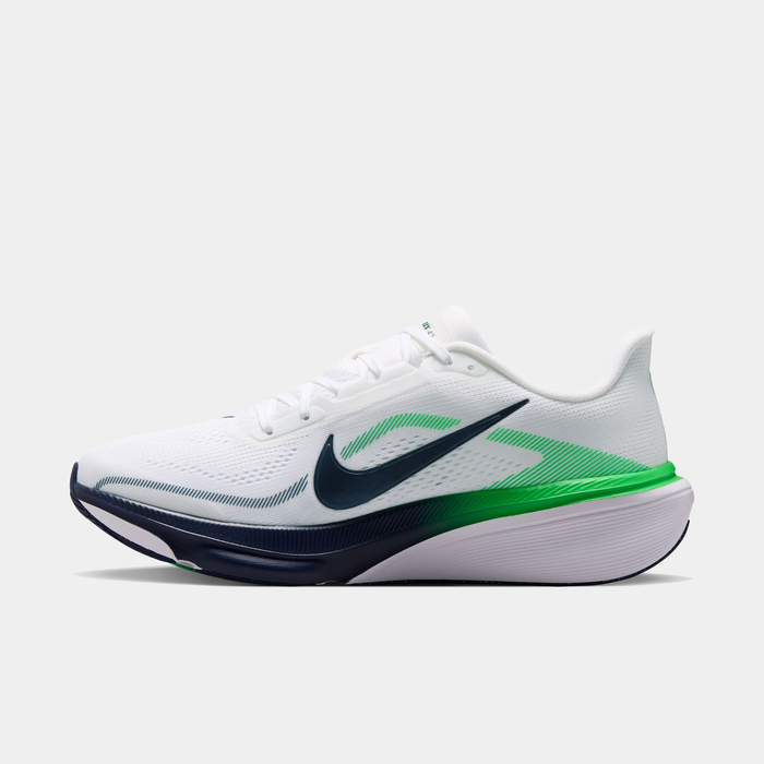 Nike Air Zoom Pegasus 42 running shoes in white mesh with navy Swoosh, green gradient midsole and cushioned heel, side view