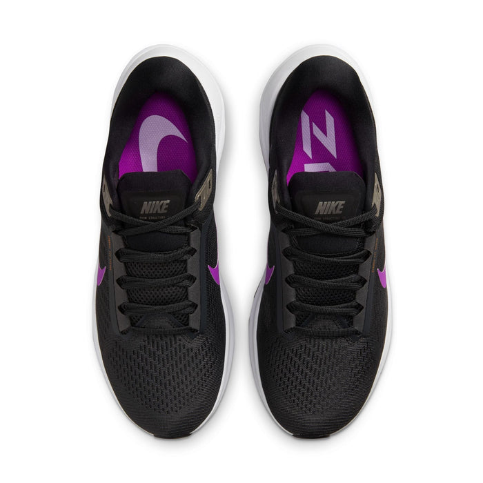 Nike Air Zoom Structure 24 running shoes in black with purple accents and mesh upper, top view showing lace system.