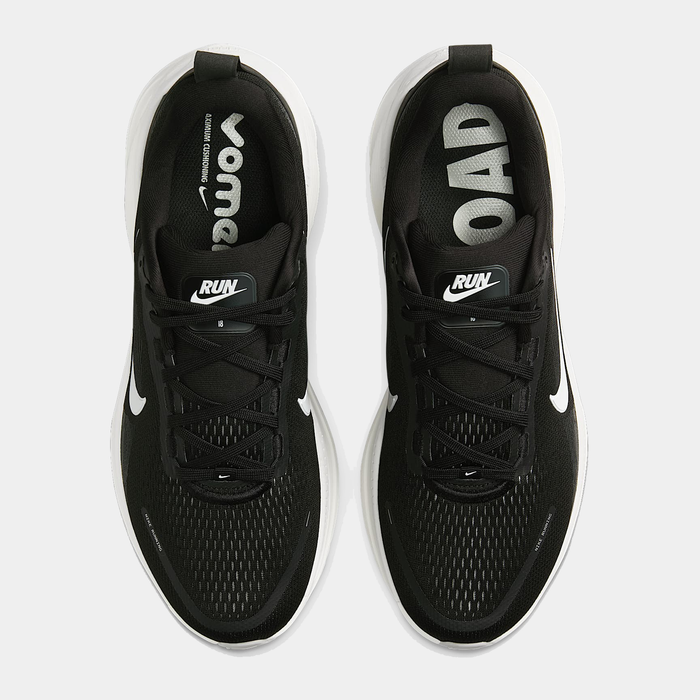 Nike Air Zoom Vomero 18 running shoes, black with white accents, breathable mesh upper and lace-up design, top view.