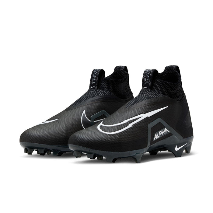 Nike Alpha Menace Elite 3 football cleats in black with white Alpha branding, Swoosh logo, and lightweight woven material, angled front view.