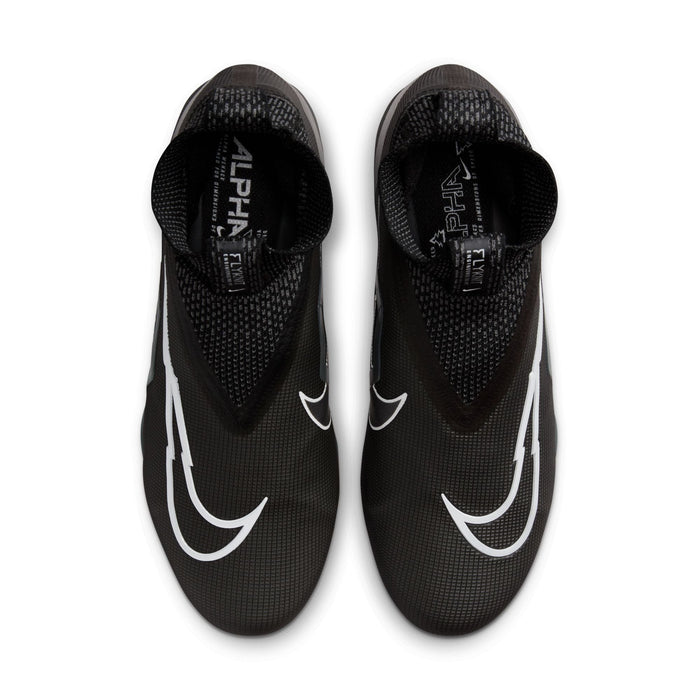 Nike Alpha Menace Elite 3 football cleats in black with white accents, top view showing textured upper and Flyknit construction.