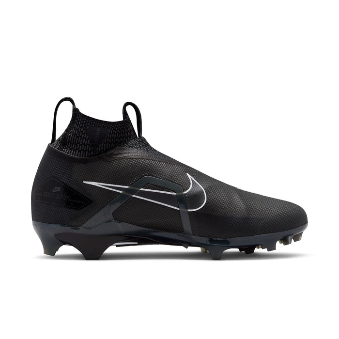 Nike Alpha Menace Elite 3 football cleats in black with Flyknit upper, ghost lacing system, and molded stud outsole, side view.