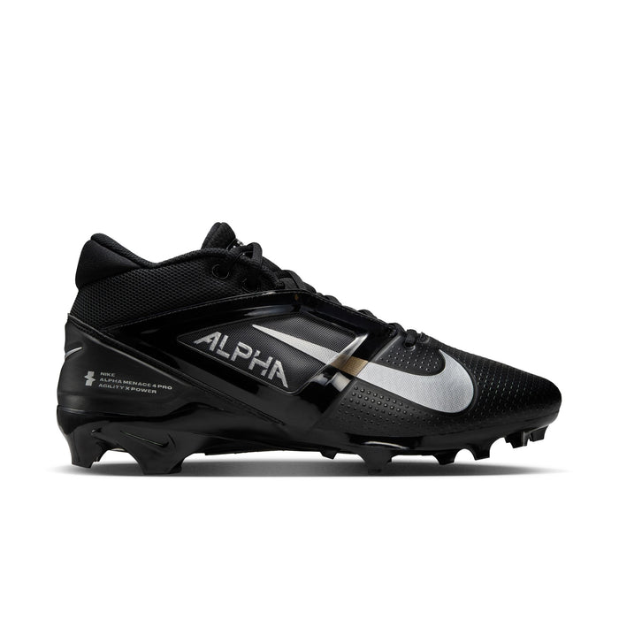 Nike Alpha Menace Elite 4 football cleats in black with silver accents, textured upper, and spike plate, side view.