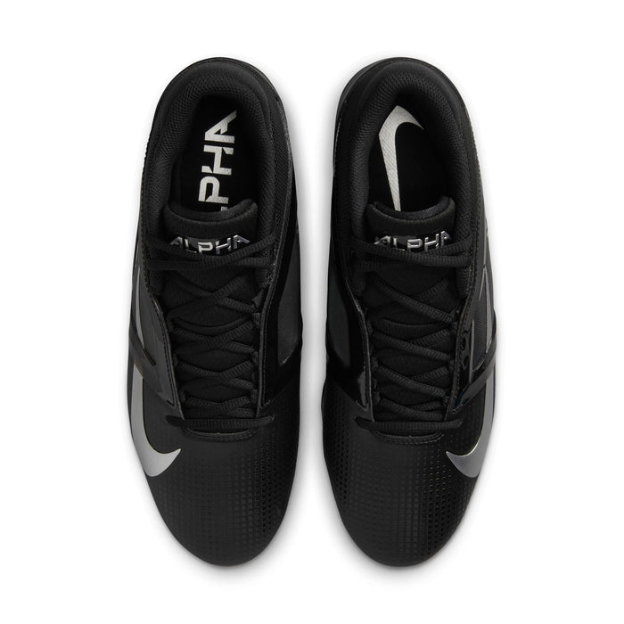 Nike Alpha Menace Elite 4 football cleats in black with textured upper, lace-up design, and silver accents, top view.