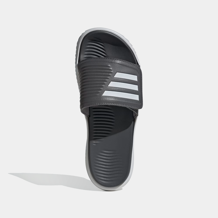 Adidas Alpharesponse 2.0 Slides sandals dark gray with white 3-Stripes, textured molded footbed and synthetic strap, top view