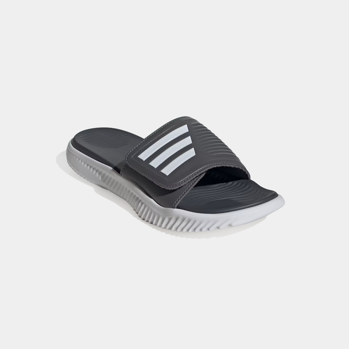 Adidas Alpharesponse 2.0 Slides slide sandals in gray with white 3-Stripes, ribbed strap and contoured footbed, angled side view