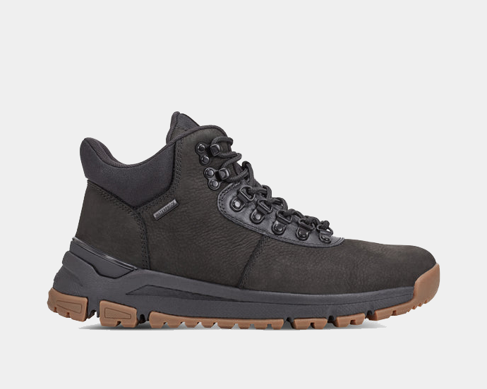 Dunham Alpine Waterproof Casual Lace-up Mid Boots in black leather with rugged brown outsole and metal eyelets, side view.