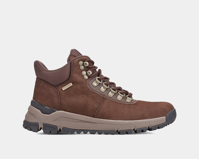 Dunham Alpine Waterproof Casual Lace-up Mid Boots in brown with durable leather upper, metal eyelets, and rugged outsole, side view.