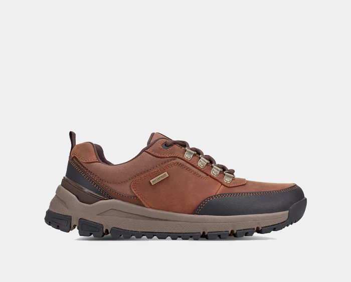 Dunham Alpine Waterproof Casual Lace-up Shoes in brown leather with black accents, durable outsole, side view.