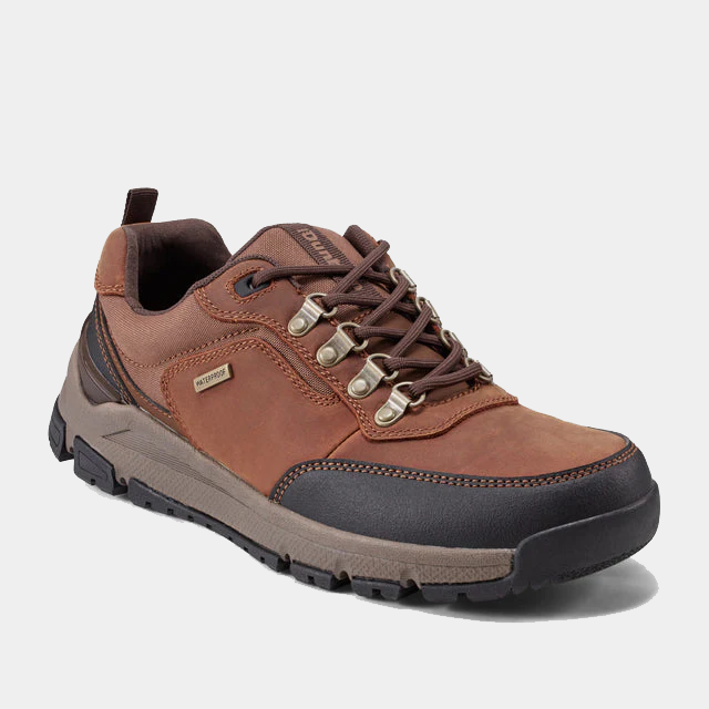 Dunham Alpine Waterproof Casual Lace-up Shoes in brown leather with rugged outsole, metal eyelets, and waterproof detailing, angled front view.