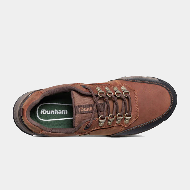 Dunham Alpine Waterproof Casual Lace-up Shoes, top view showing brown leather upper with metal eyelets and green insole.
