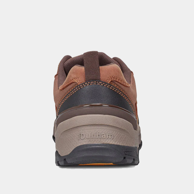 Dunham Alpine Waterproof Casual Lace-up Shoes back view in brown and black with durable heel counter and pull tab.