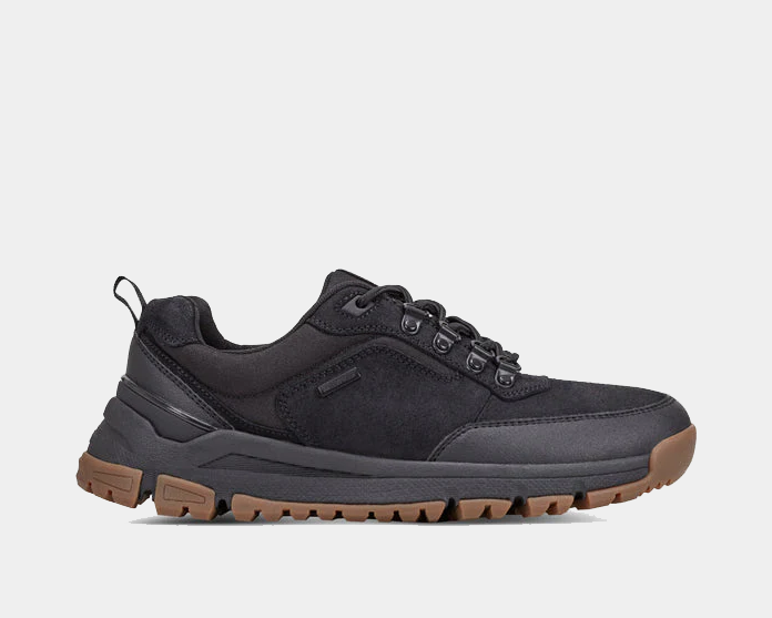 Dunham Alpine Waterproof Casual Lace-up Shoes in black with rugged suede upper, brown rubber outsole, and lace-up closure, side view.