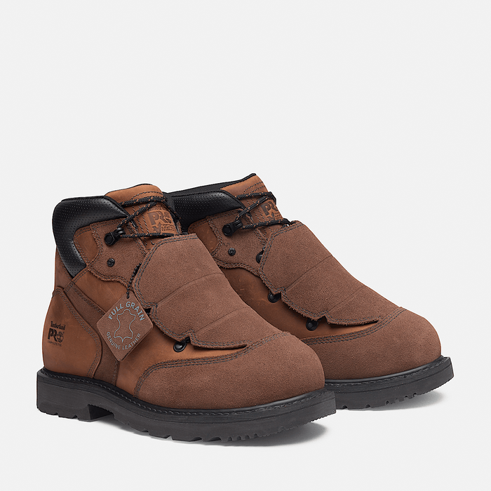 Timberland Pro Ambridge Met Guard 6" Composite Toe Work Boot in brown leather with black accents, front angle view.