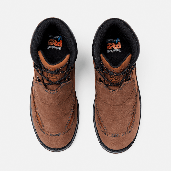 Timberland Pro Ambridge Met Guard 6" Composite Toe Work Boot in brown leather with black padded collar and lace-up closure, top view.