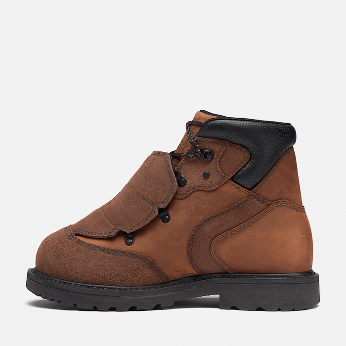 Timberland Pro Ambridge Met Guard 6" Composite Toe Work Boot in brown leather and suede with black padded collar, side view.