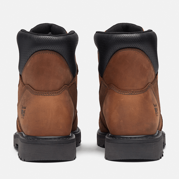 Timberland Pro Ambridge Met Guard 6" Composite Toe Work Boot back view showing brown leather upper, black padded collar, and durable sole.