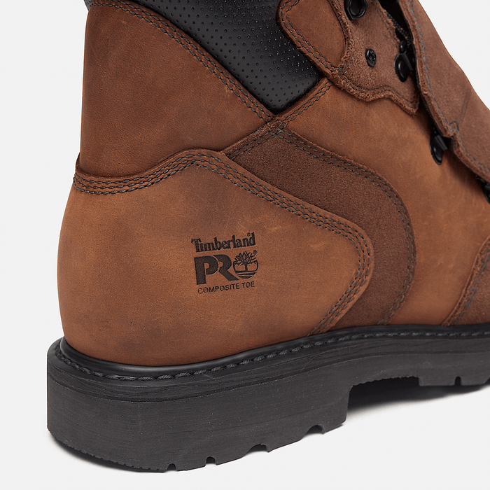 Timberland Pro Ambridge Met Guard 6" Composite Toe Work Boot in brown leather with reinforced stitching and black outsole, side view.