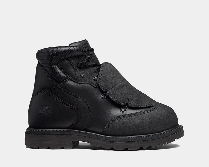 Timberland Pro Ambridge Met Guard 6" Composite Toe Work Boot in black leather with reinforced metatarsal guard and rugged outsole, side view.