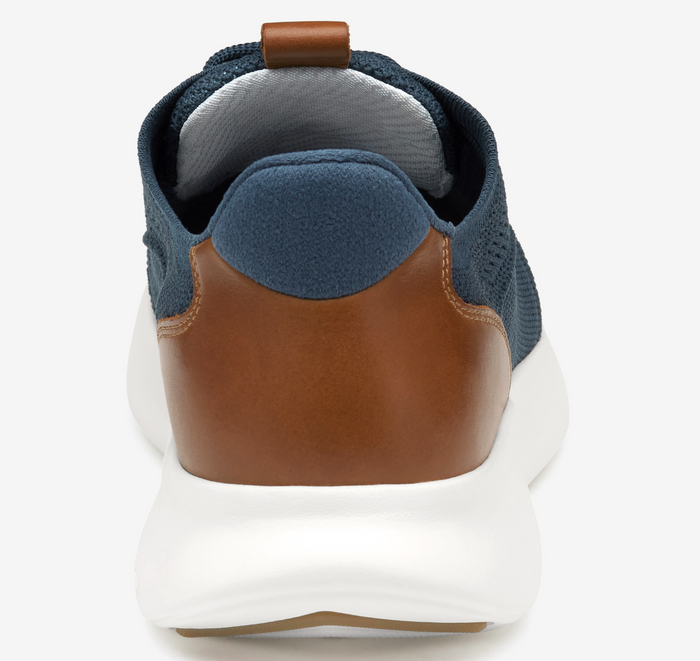 Johnston & Murphy Amherst 2.0 Knit Plain Toe shoes back view featuring blue knit upper, brown leather heel panel, and white sole.