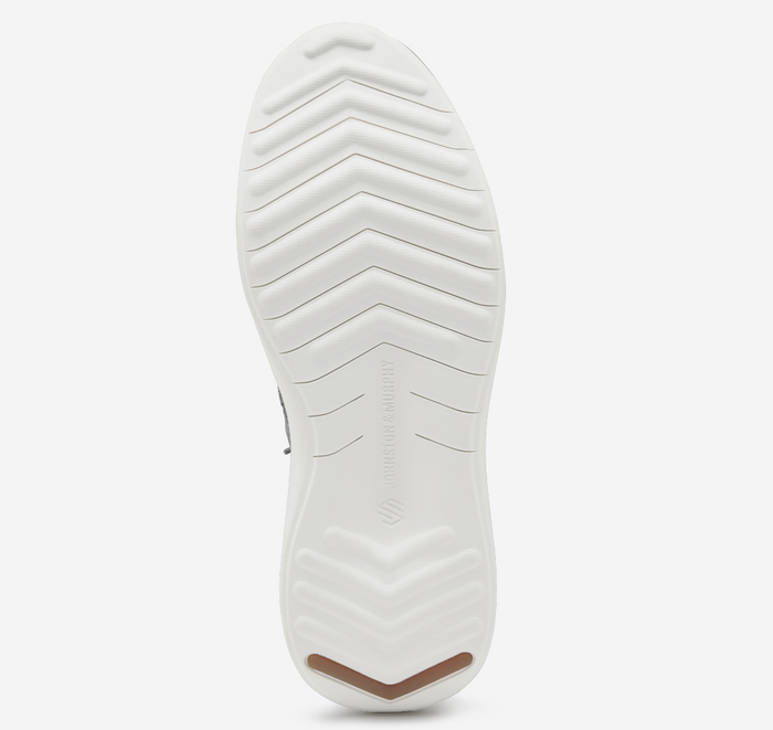 Johnston & Murphy Amherst 2.0 Knit Plain Toe shoe outsole in white with tread pattern and branding, sole/bottom view.