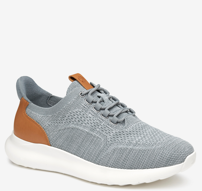 Johnston & Murphy Amherst 2.0 Knit Plain Toe shoes in light gray knit with tan leather accents and white sole, side angle.