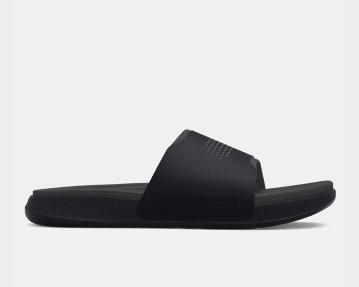 Under Armour Ansa Elevate slides in black with textured strap design and cushioned footbed, side view.