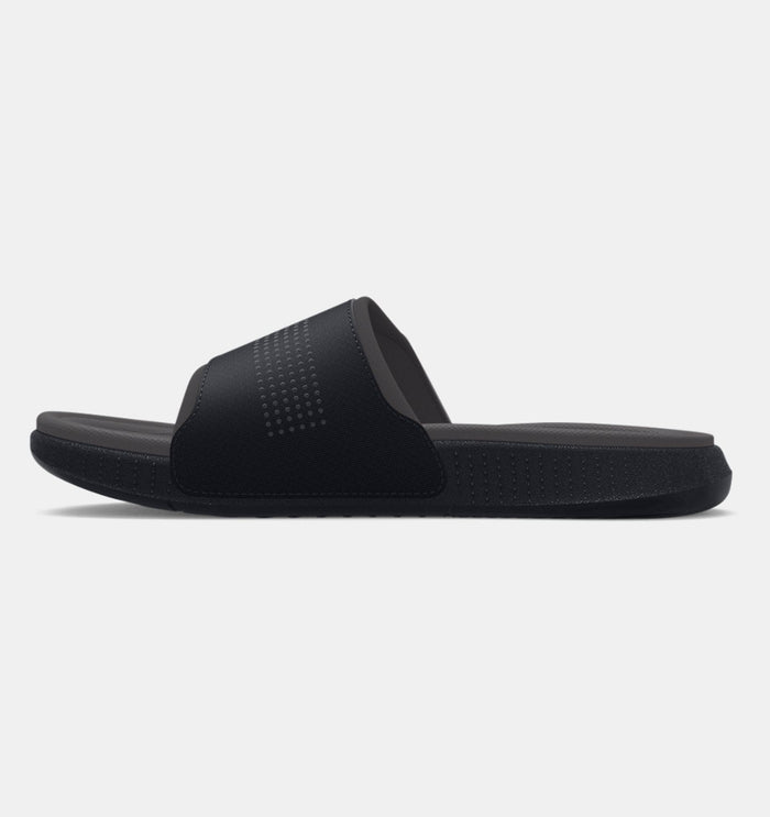 Under Armour Ansa Elevate slide sandals in black with padded strap and textured footbed, side view.