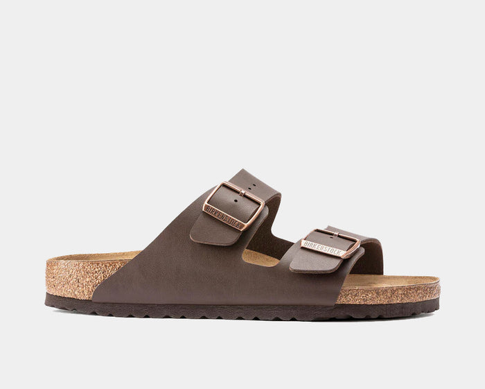 Birkenstock Arizona Birko-Flor® sandals in brown with adjustable straps and copper buckles, side view showing cork footbed and EVA sole.