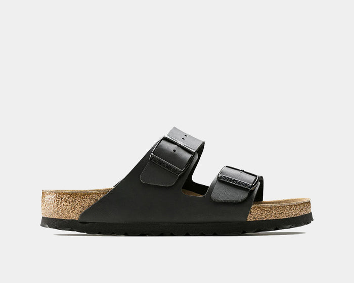 Birkenstock Arizona Soft Footbed Birko-Flor® sandals in black with double adjustable straps and cork-latex footbed, side view.