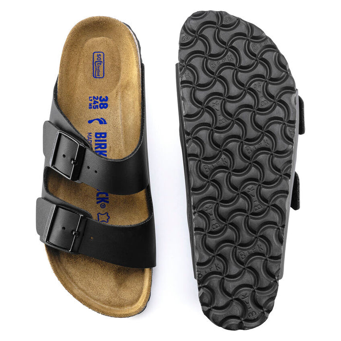 Birkenstock Arizona Soft Footbed Birko-Flor® sandals in black with adjustable straps and contoured cork sole, top and sole view.