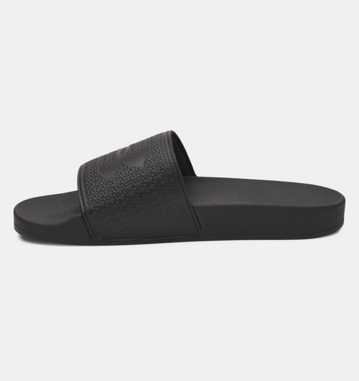 Under Armour ARMR Slide sandals in black with textured strap, side view.