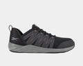 Reebok Work Astroride Work shoes in black with gray accents, mesh upper, reinforced toe, and durable outsole, side view.