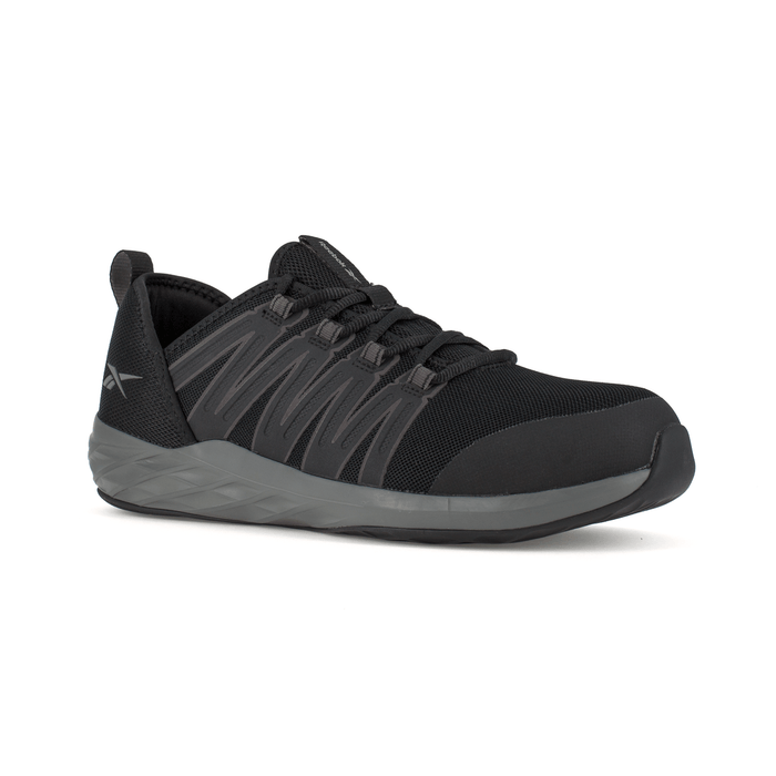 Reebok Work Astroride Work shoes in black with mesh upper, textured overlays, and cushioned gray outsole, angled front view.