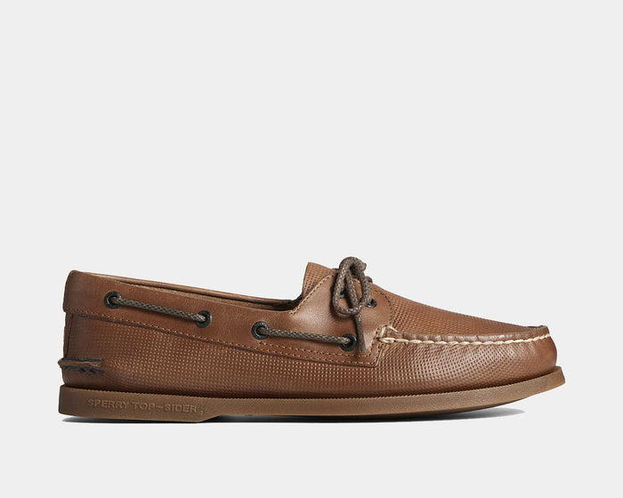 Sperry Authentic Original™ 2-Eye Deboss boat shoes in brown leather with debossed texture, moc-toe stitching, and rawhide laces, side view.