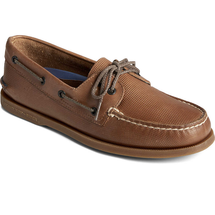 Sperry Authentic Original™ 2-Eye Deboss boat shoe in tan leather with textured finish, moc-toe stitching, and rawhide laces, side view.