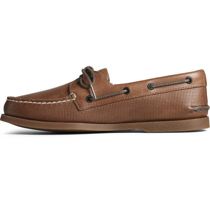 Sperry Authentic Original™ 2-Eye Deboss boat shoes in tan leather with debossed texture, rawhide laces, and hand-sewn moccasin construction, side view.
