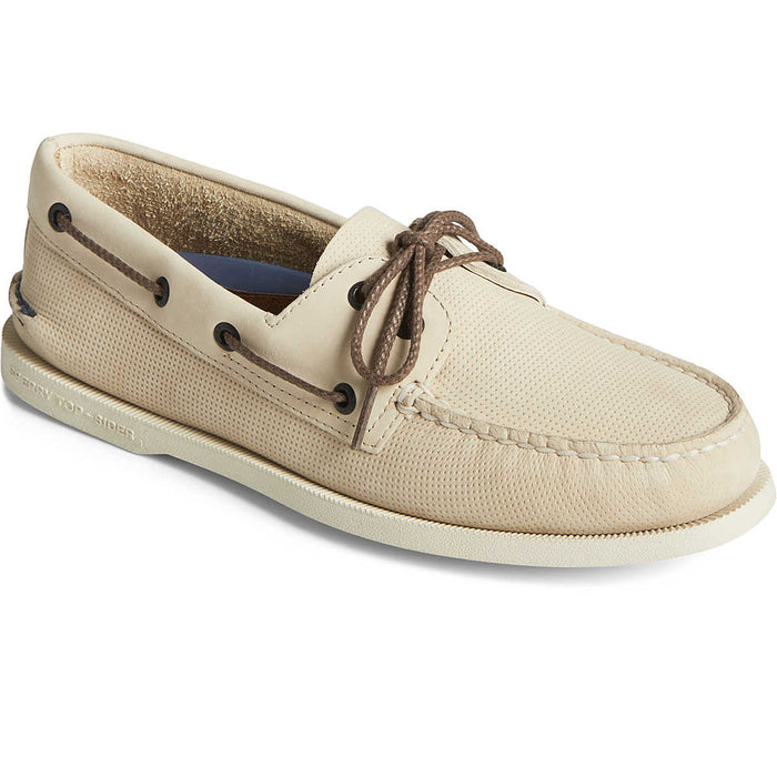 Sperry Authentic Original™ 2-Eye Deboss boat shoes in beige leather with debossed texture, brown laces, and moc-toe stitching, angled front view.