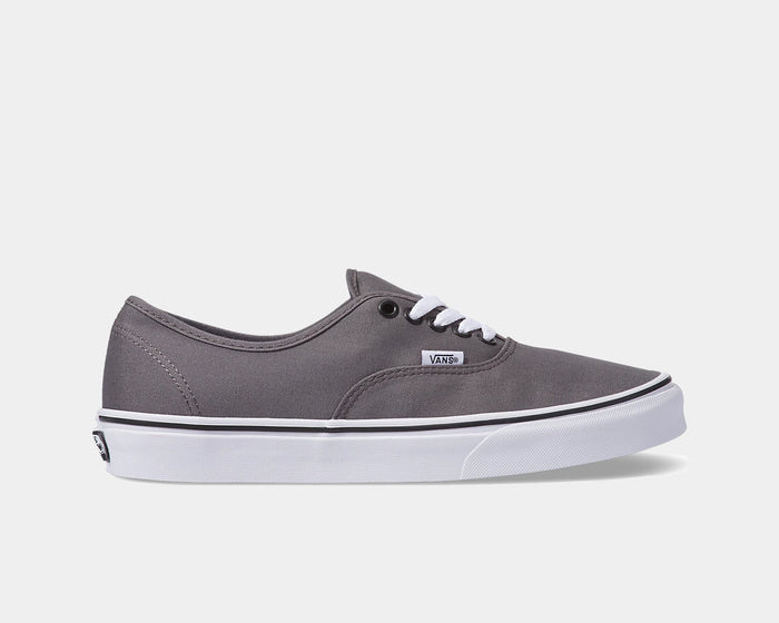 Vans Authentic shoes in gray canvas with white laces, black piping, and white rubber sole, side view.