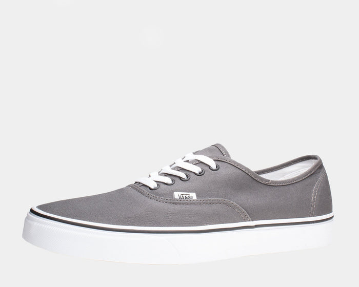 Vans Authentic sneakers in gray canvas upper with white laces and rubber outsole, side view.