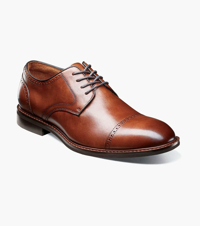 Stacy Adams Bailey Cap Toe dress shoe in chestnut brown leather with stitched cap toe detail and lace closure, side angle view.