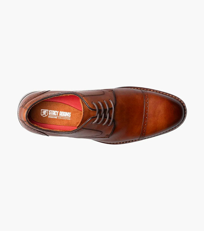 Stacy Adams Bailey Cap Toe dress shoe in cognac brown leather with cap toe stitching and red insole branding, top view.